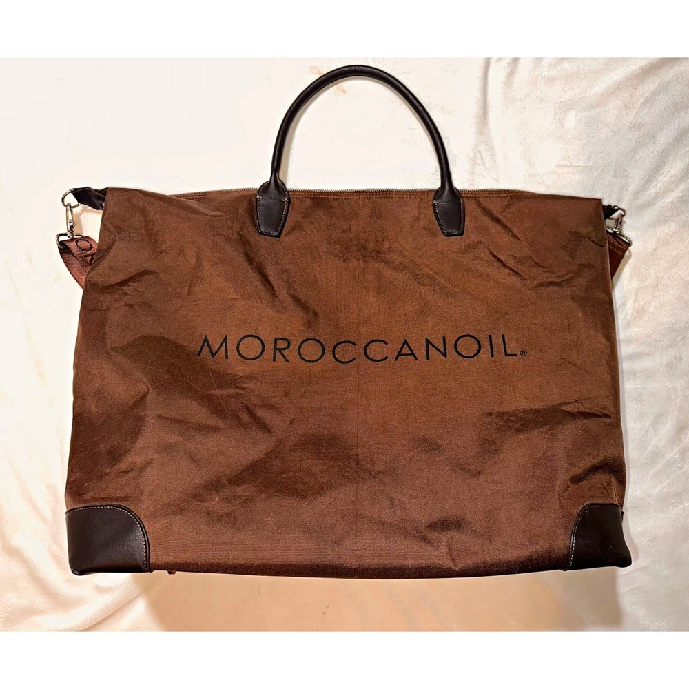 Moroccanoil 16" Canvas Travel Bag Brown/Black Solid Shoulder Strap Zip Closure
